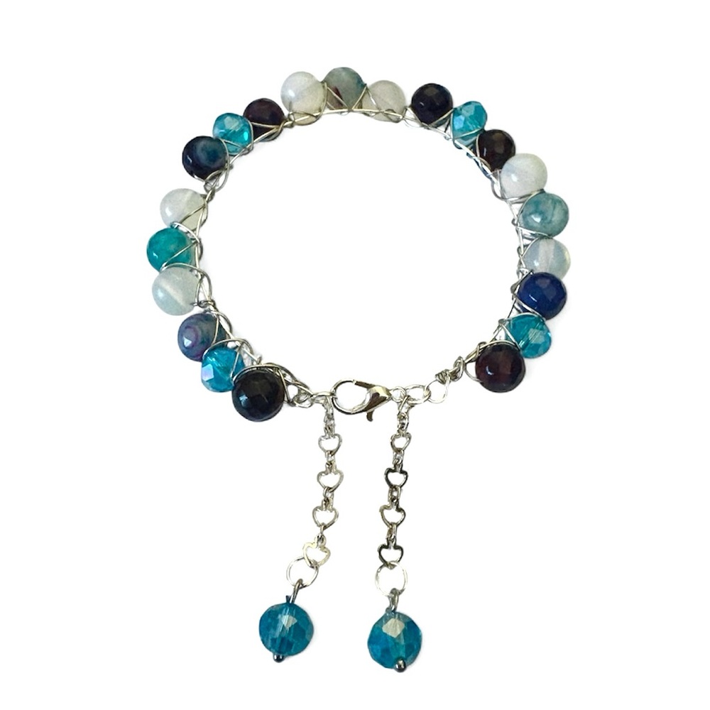 Hand Wired Bracelet with Agate and Crystals with Adjustable Extender Chains